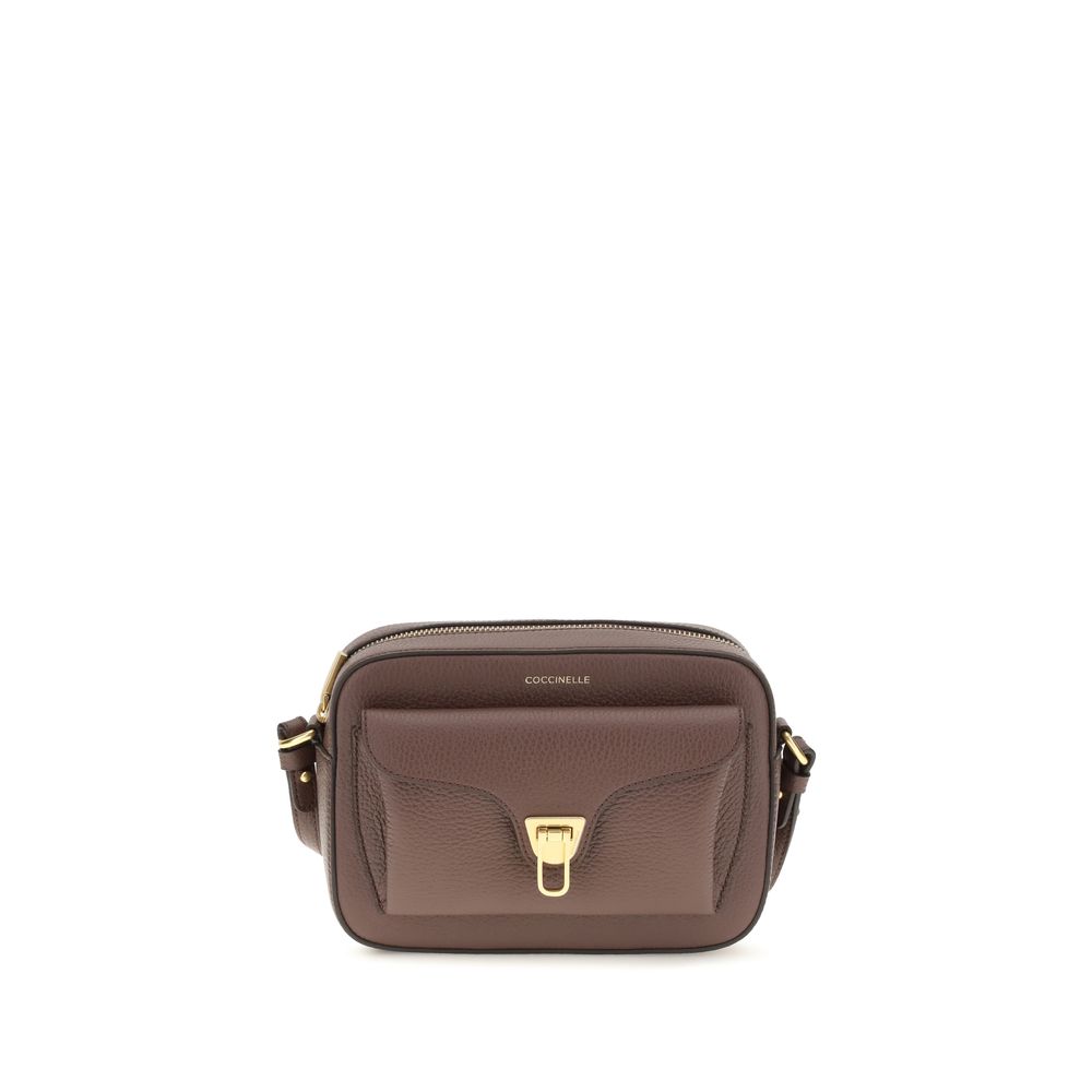 Coccinelle brown calf leather Bos Taurus shoulder bag with sleek design and gold-tone hardware on a plain background.