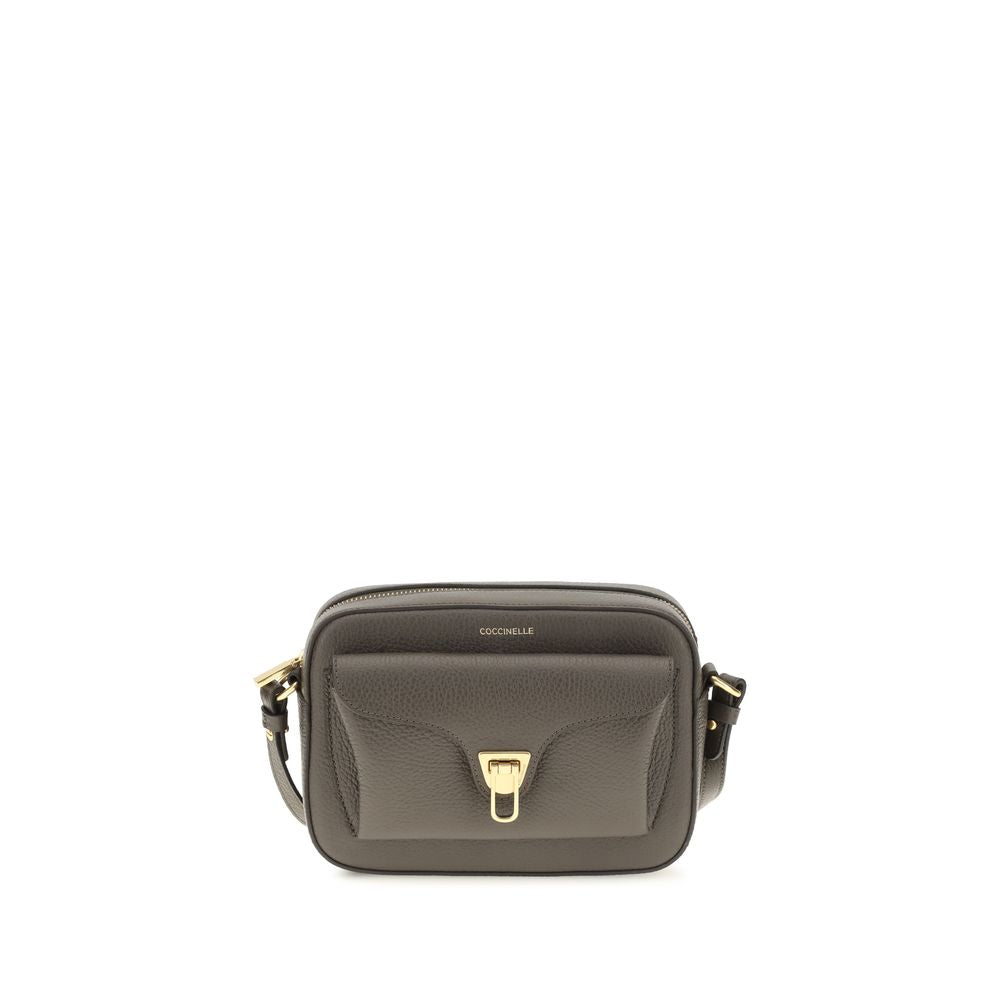 Coccinelle brown calf leather Bos Taurus shoulder bag with structured design and top handle, featuring subtle stitching details.
