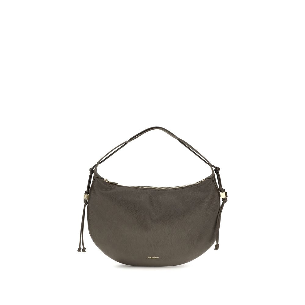 Brown calf leather Coccinelle Bos Taurus shoulder bag with sleek design and silver hardware, featuring a spacious interior.