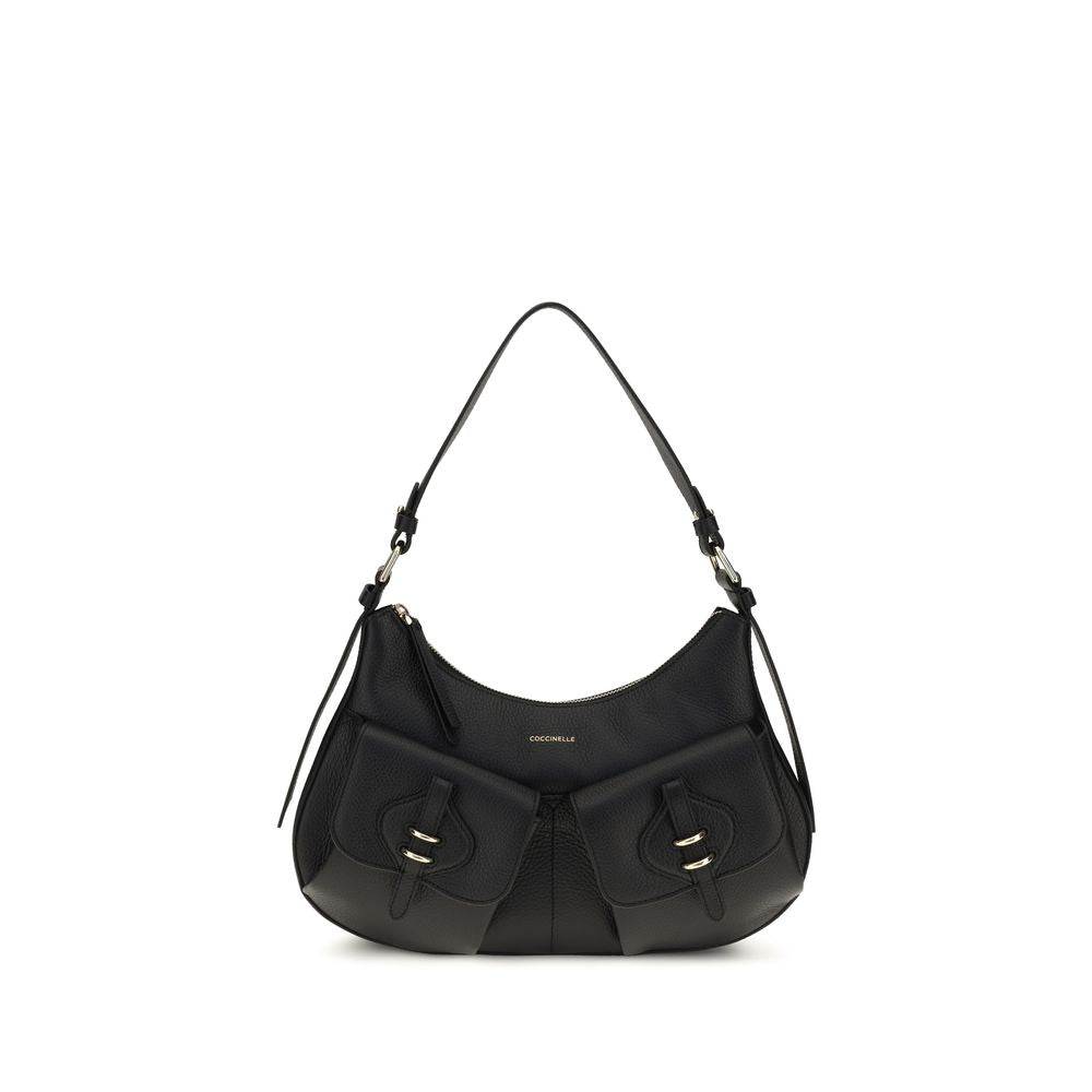 Coccinelle black calf leather Bos Taurus shoulder bag with sleek design and silver hardware, showcasing a stylish everyday accessory.