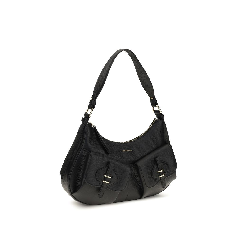 Black calf leather Coccinelle Bos Taurus shoulder bag with sleek design and silver hardware, featuring a spacious interior and adjustable strap.