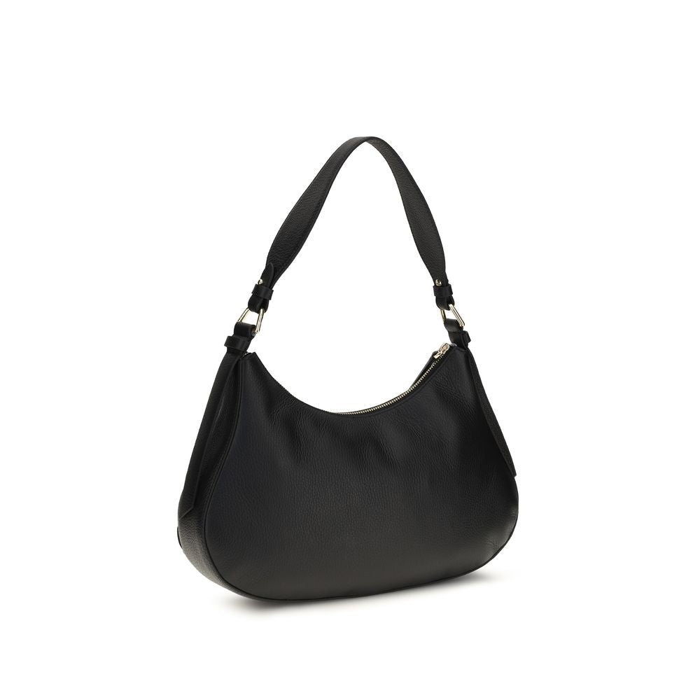 Coccinelle black calf leather Bos Taurus shoulder bag with top handle and silver hardware, showcasing sleek and elegant design.