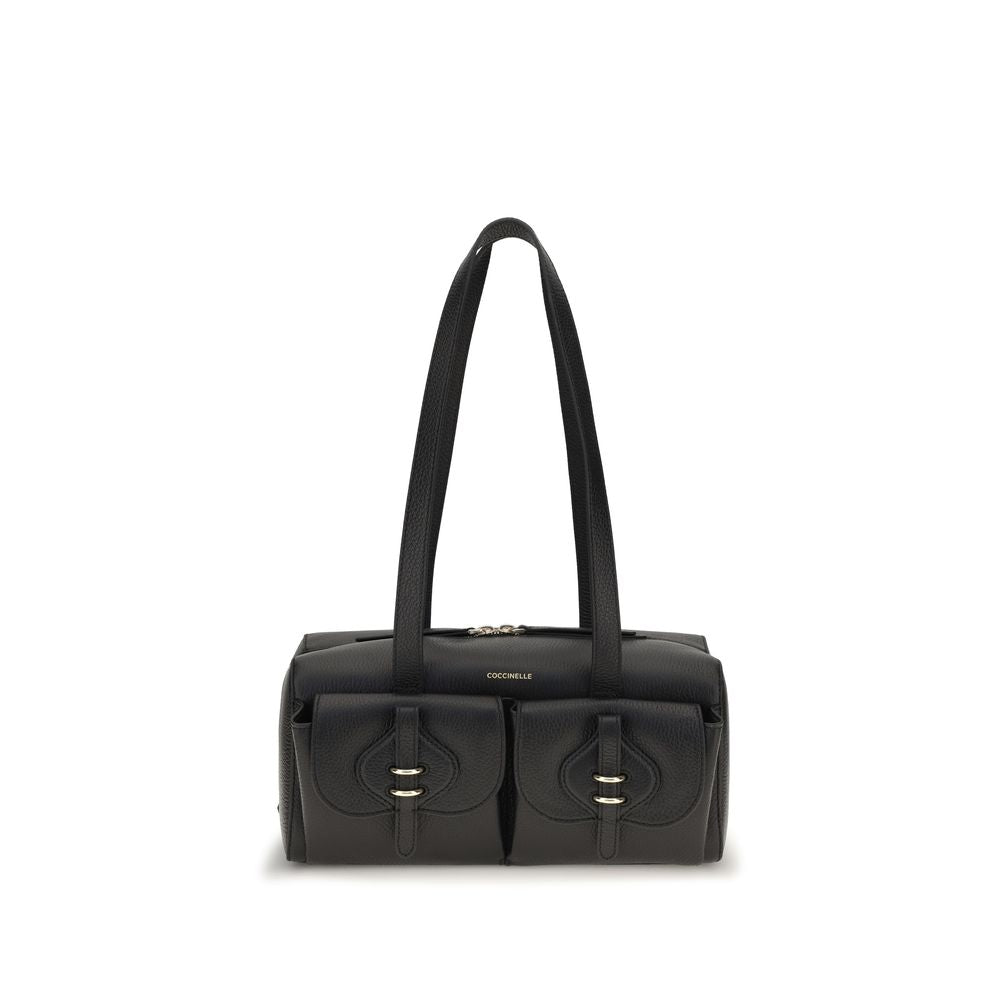 Black calf leather Coccinelle Bos Taurus shoulder bag with sleek design and silver-tone hardware.