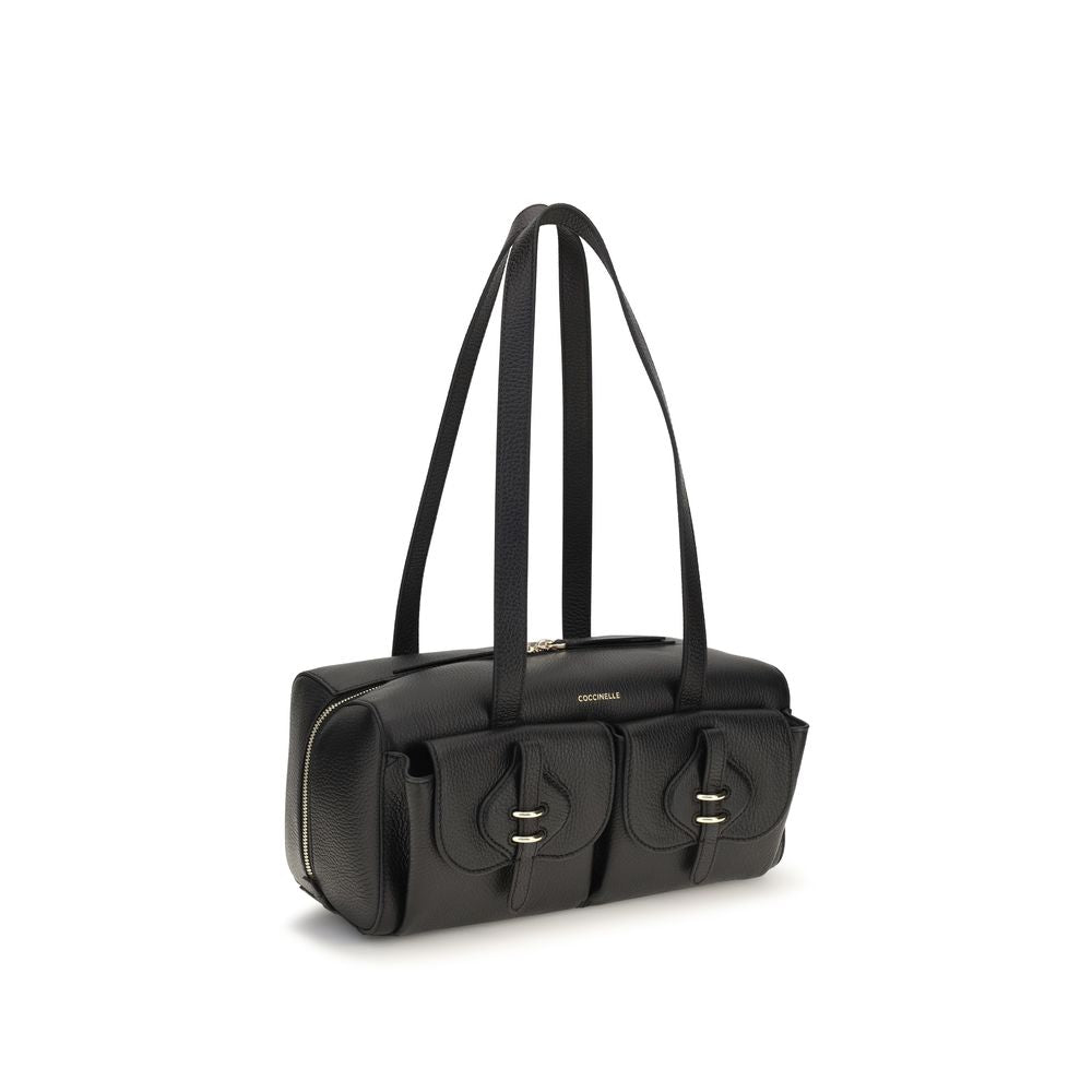 Black calf leather Coccinelle Bos Taurus shoulder bag with sleek design and silver hardware, featuring a structured silhouette.