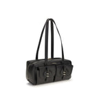 Black calf leather Coccinelle Bos Taurus shoulder bag with sleek design and silver hardware, featuring a structured silhouette.