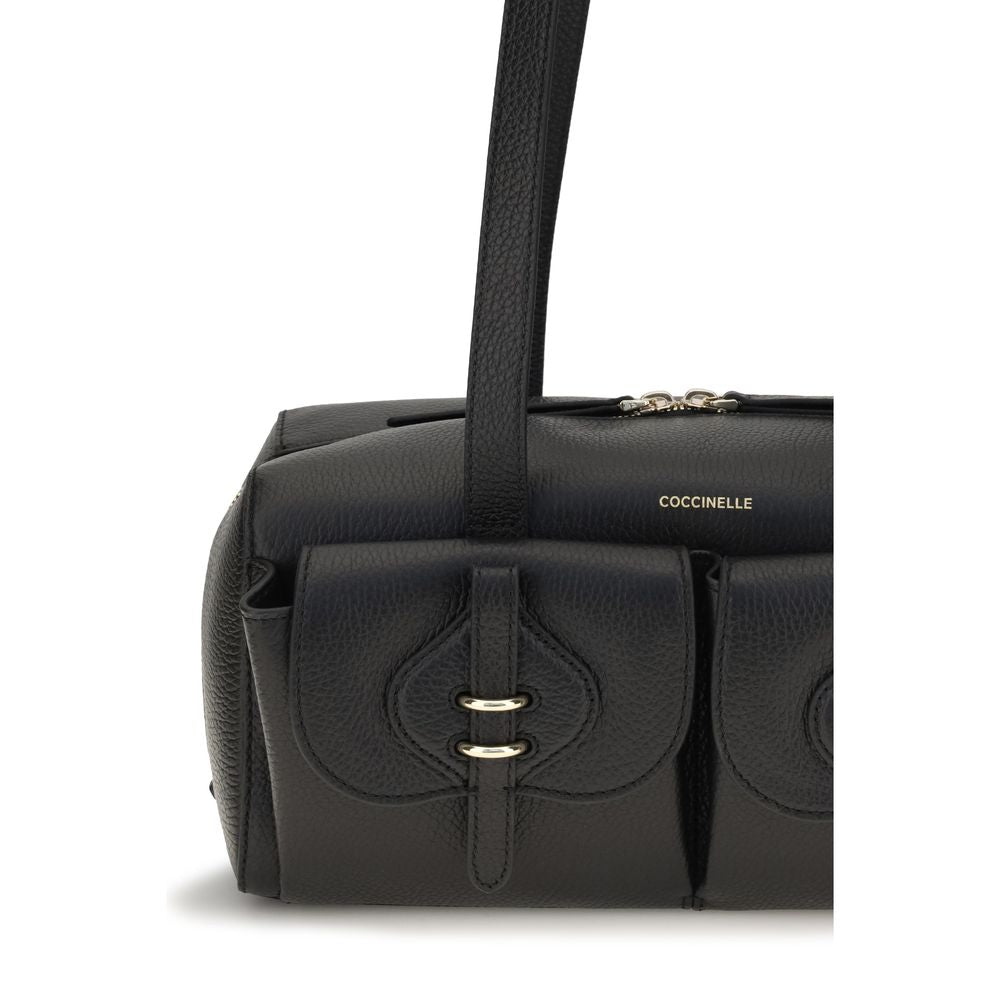 Coccinelle black calf leather Bos Taurus shoulder bag with sleek design and silver hardware, featuring a structured shape and top handle.