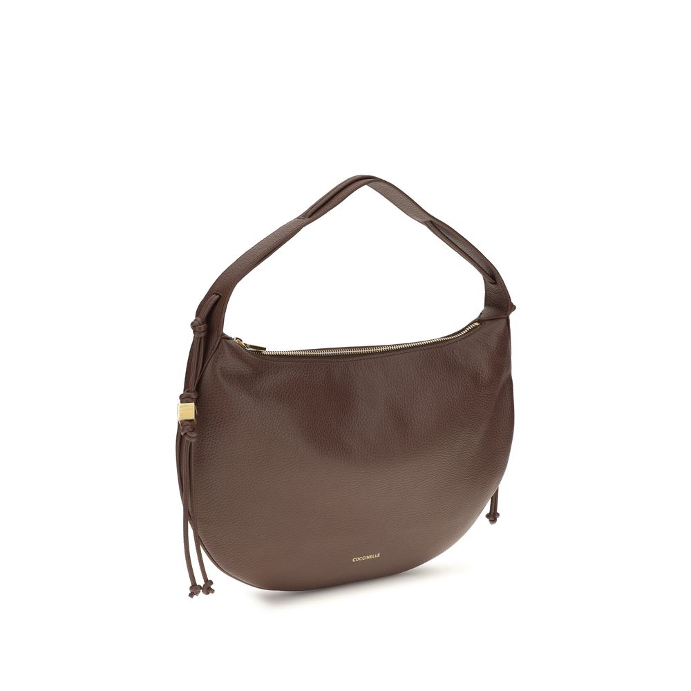 Coccinelle brown calf leather Bos Taurus shoulder bag with silver hardware and sleek design.
