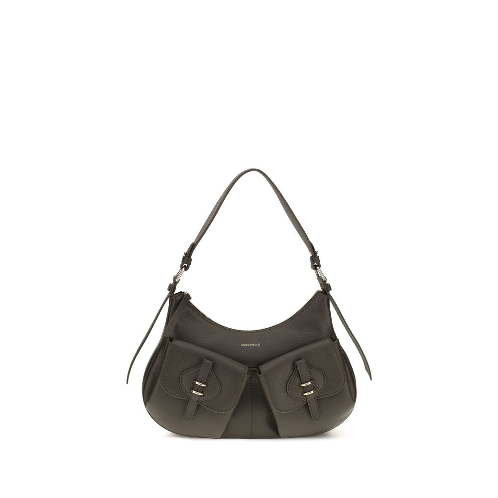 Coccinelle brown calf leather Bos Taurus shoulder bag with gold-tone hardware and adjustable strap.