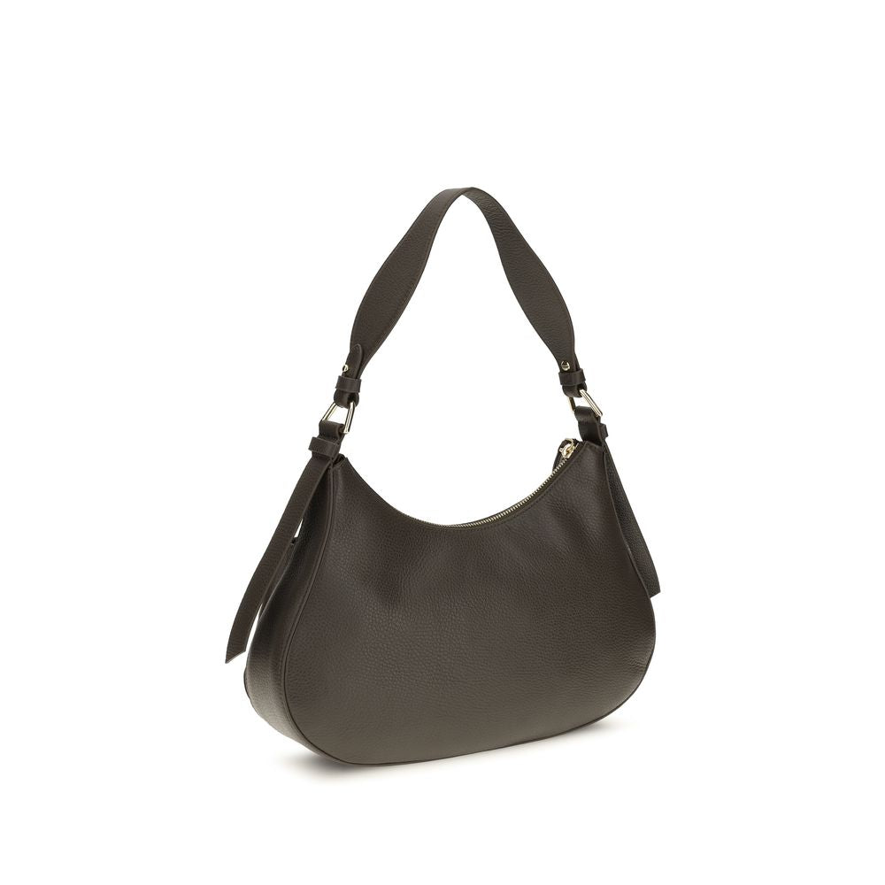 Coccinelle brown calf leather Bos Taurus shoulder bag with sleek design and top handles, showcasing elegant craftsmanship.