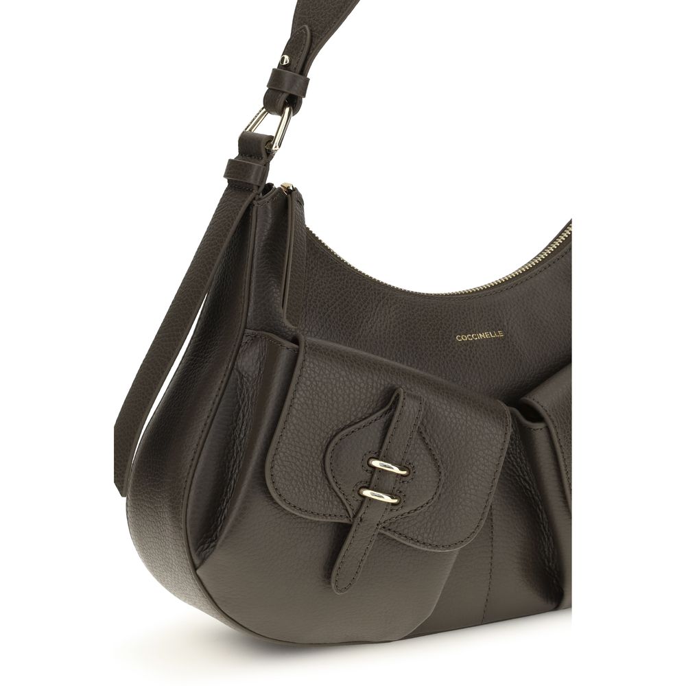 Coccinelle brown calf leather Bos Taurus shoulder bag with silver hardware and structured design.
