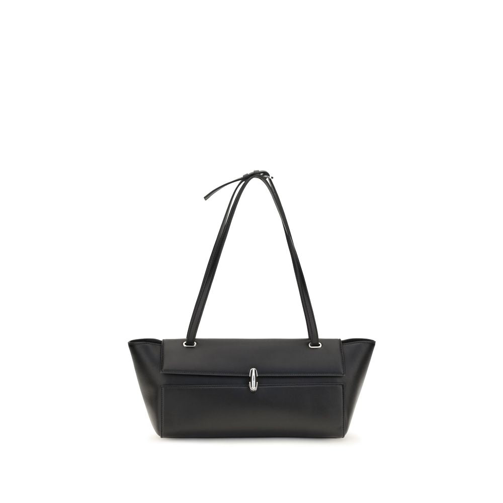 Savette black calf leather Bos Taurus shoulder bag with sleek design and silver hardware, showcasing the textured leather surface.