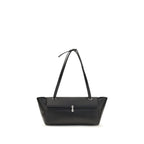 Savette black calf leather Bos Taurus shoulder bag with sleek design and silver hardware, showcasing the textured leather surface.