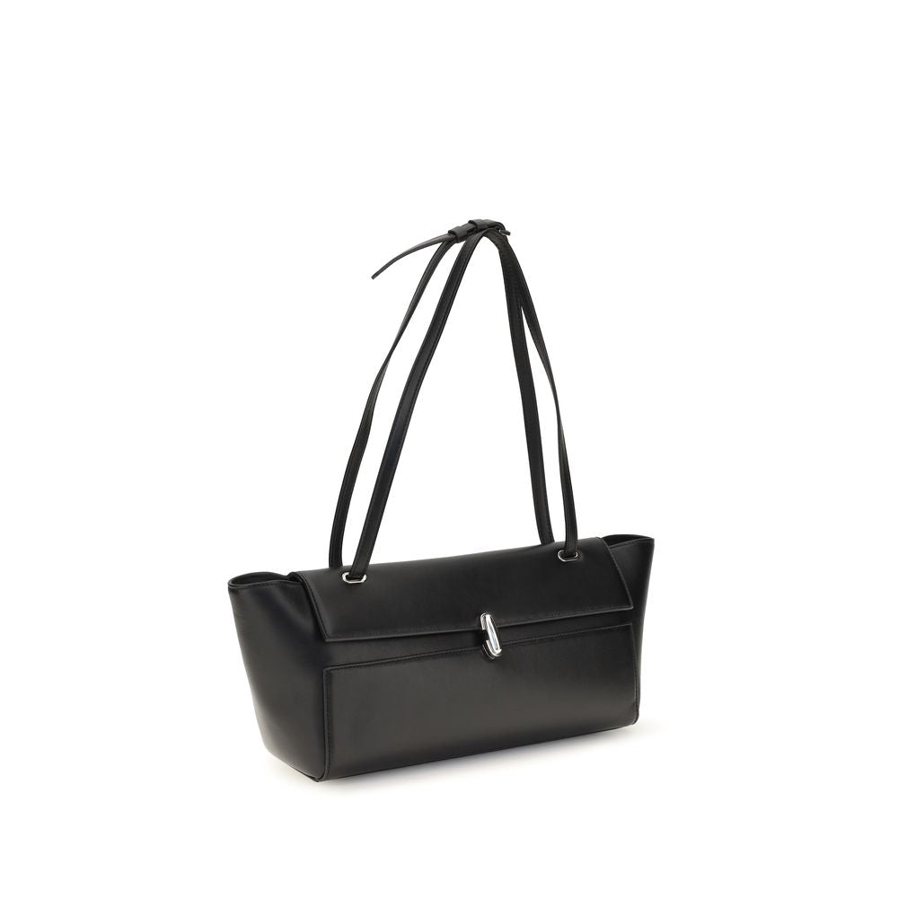 Savette black calf leather Bos Taurus shoulder bag with sleek design and silver hardware, showcasing smooth texture and structured shape.