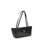Savette black calf leather Bos Taurus shoulder bag with sleek design and silver hardware, showcasing smooth texture and structured shape.
