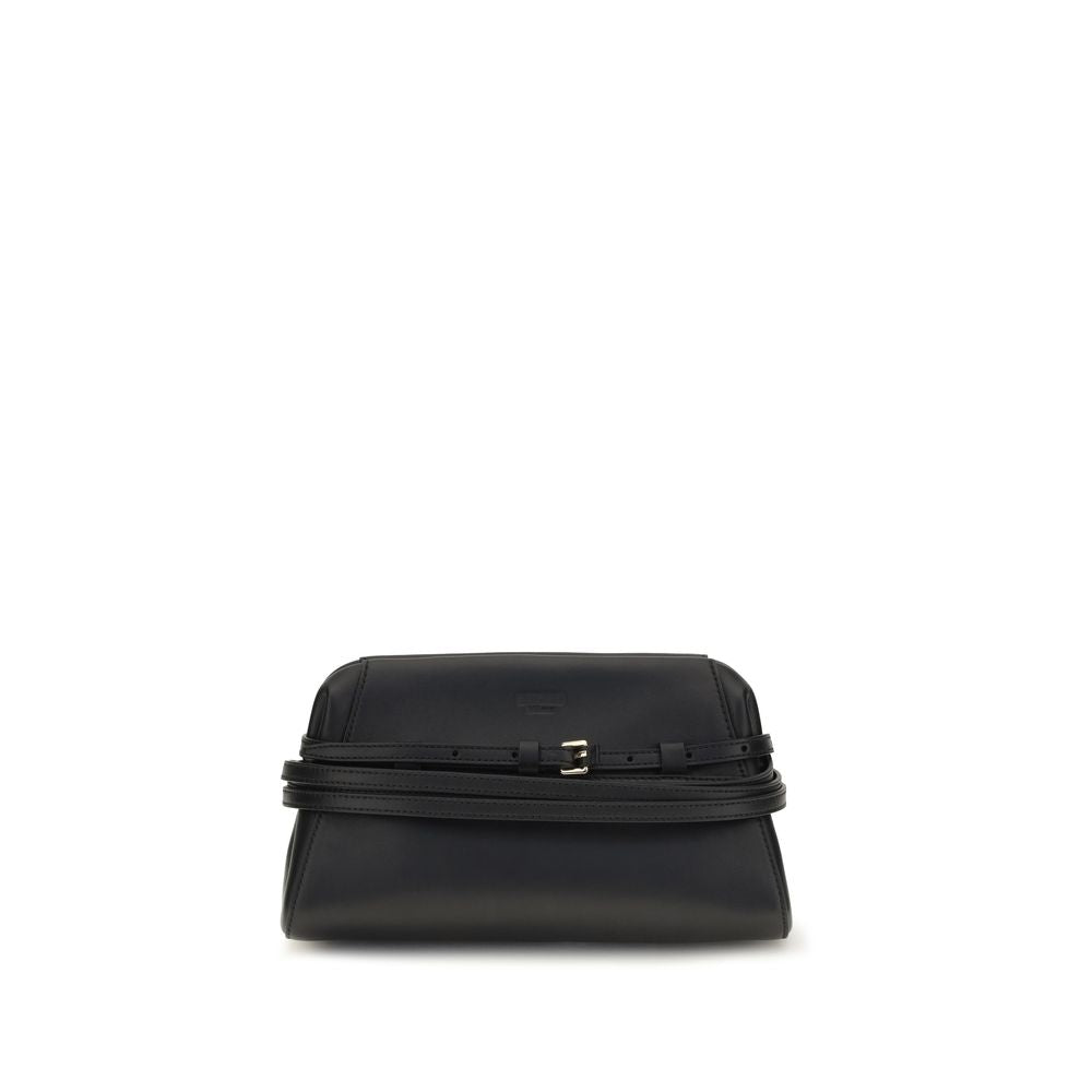 Black Moschino goatskin clutch bag with sleek design and silver hardware, perfect for evening accessories.