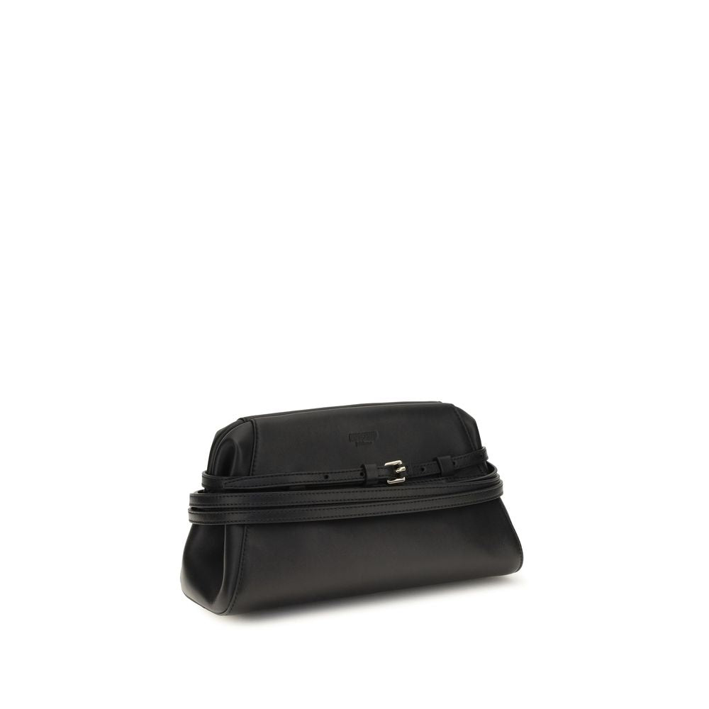 Black goatskin clutch bag by Moschino with sleek design and subtle branding, perfect for elegant evening accessories.