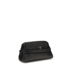 Black goatskin clutch bag by Moschino with sleek design and subtle branding, perfect for elegant evening accessories.