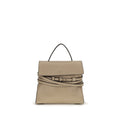 Moschino beige goatskin handbag with gold-tone hardware and structured design, featuring a top handle and logo detail.