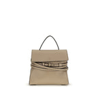 Moschino beige goatskin handbag with gold-tone hardware and structured design, featuring a top handle and logo detail.
