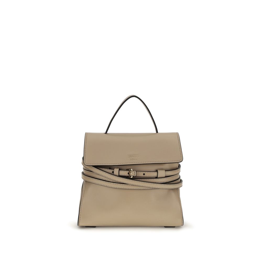 Moschino beige goatskin handbag with gold-tone hardware and structured design, featuring a top handle and logo detail.