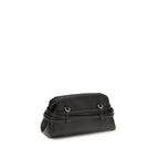 Black Moschino goatskin clutch bag with gold-tone hardware and sleek design, perfect for elegant occasions.