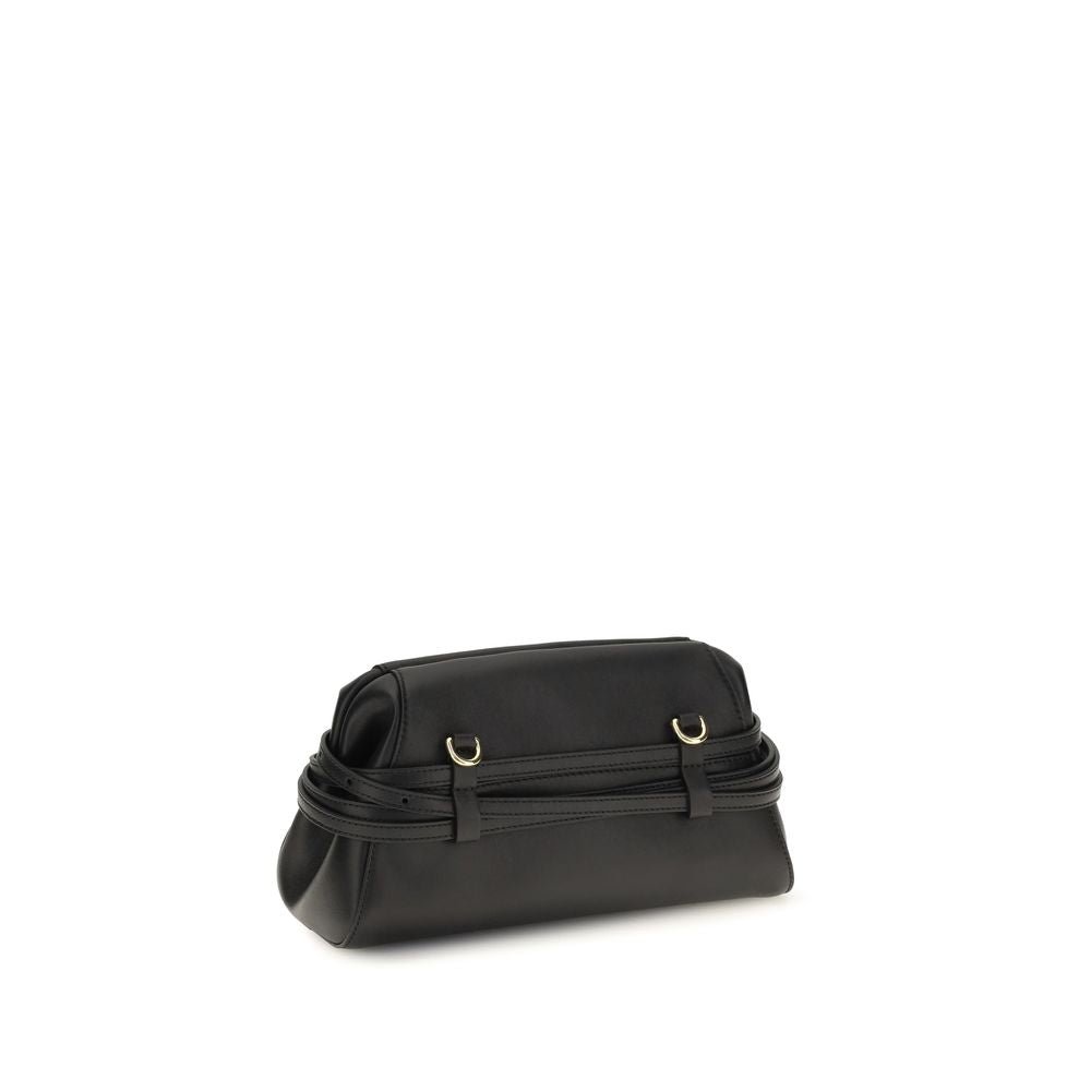 Black Moschino goatskin clutch bag with gold-tone hardware and sleek design, perfect for elegant occasions.