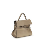 Moschino beige goatskin handbag with gold-tone hardware and structured design, featuring top handles and a detachable shoulder strap.