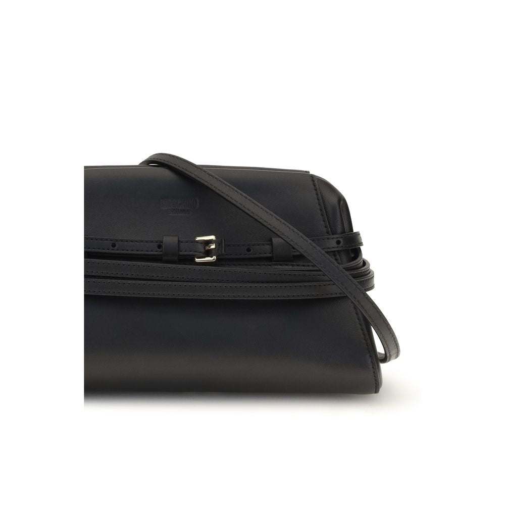 Black Moschino goatskin clutch bag with sleek design and gold-tone hardware, perfect for elegant evening accessories.
