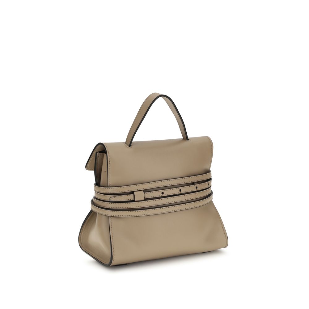 Moschino beige goatskin handbag with gold-tone hardware and structured design, featuring top handles and signature logo details.