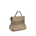 Moschino beige goatskin handbag with gold-tone hardware and structured design, featuring top handles and signature logo details.