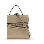 Moschino beige goatskin handbag with gold-tone hardware and logo detailing, stylish accessory for women.