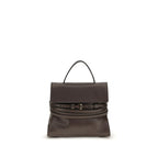 Moschino brown goatskin handbag with gold-tone hardware, featuring a structured rectangular shape and top handle for a chic look.