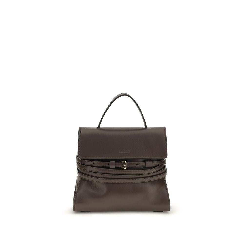 Moschino brown goatskin handbag with gold-tone hardware, featuring a structured rectangular shape and top handle for a chic look.