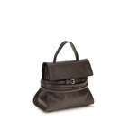 Moschino brown goatskin handbag with gold-tone hardware, featuring a structured design and top handle for stylish carrying.