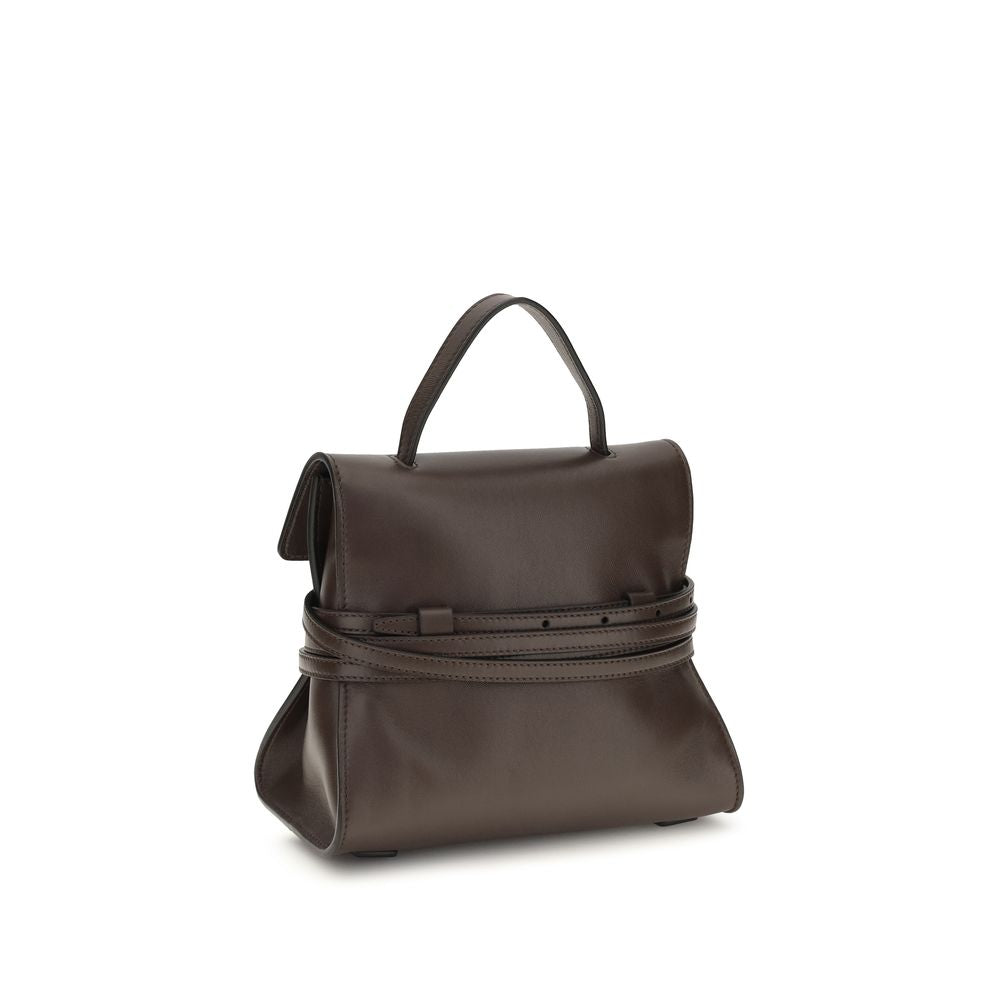 Moschino brown goatskin handbag with gold hardware and top handle, stylish accessory with a sleek, structured design.