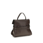 Moschino brown goatskin handbag with gold hardware and top handle, stylish accessory with a sleek, structured design.