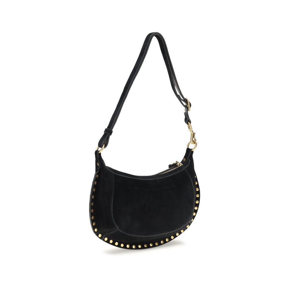 Isabel Marant black calf leather Bos Taurus shoulder bag with sleek design and gold-tone hardware on a plain background.