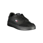 Tommy Hilfiger men's black polyurethane sneaker with white sole and logo detail, stylish casual footwear for everyday wear.