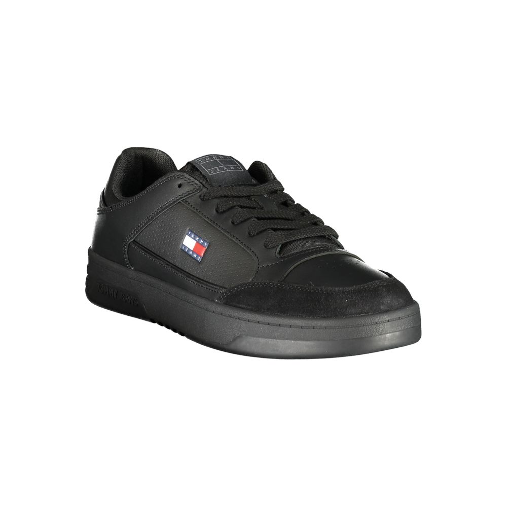 Tommy Hilfiger men's black polyurethane sneaker with white sole and logo detail, stylish casual footwear for everyday wear.