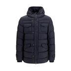 Herno black polyester full-length jacket displayed on a hanger, showcasing sleek design and smooth fabric.