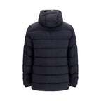 Herno black polyester full-length jacket displayed on a hanger, showcasing its sleek design and smooth fabric.