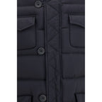 Herno black polyester full-length jacket displayed on a hanger, showcasing its sleek design and smooth fabric.