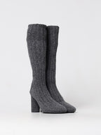 Gray wool over-the-knee boots by Bottega Veneta featuring seamless design and sleek silhouette.