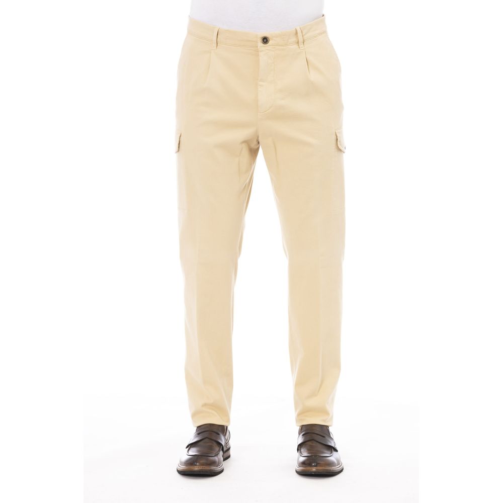 Beige Peserico cotton men's pants displayed flat with waistband and pockets, showcasing classic tailored style.