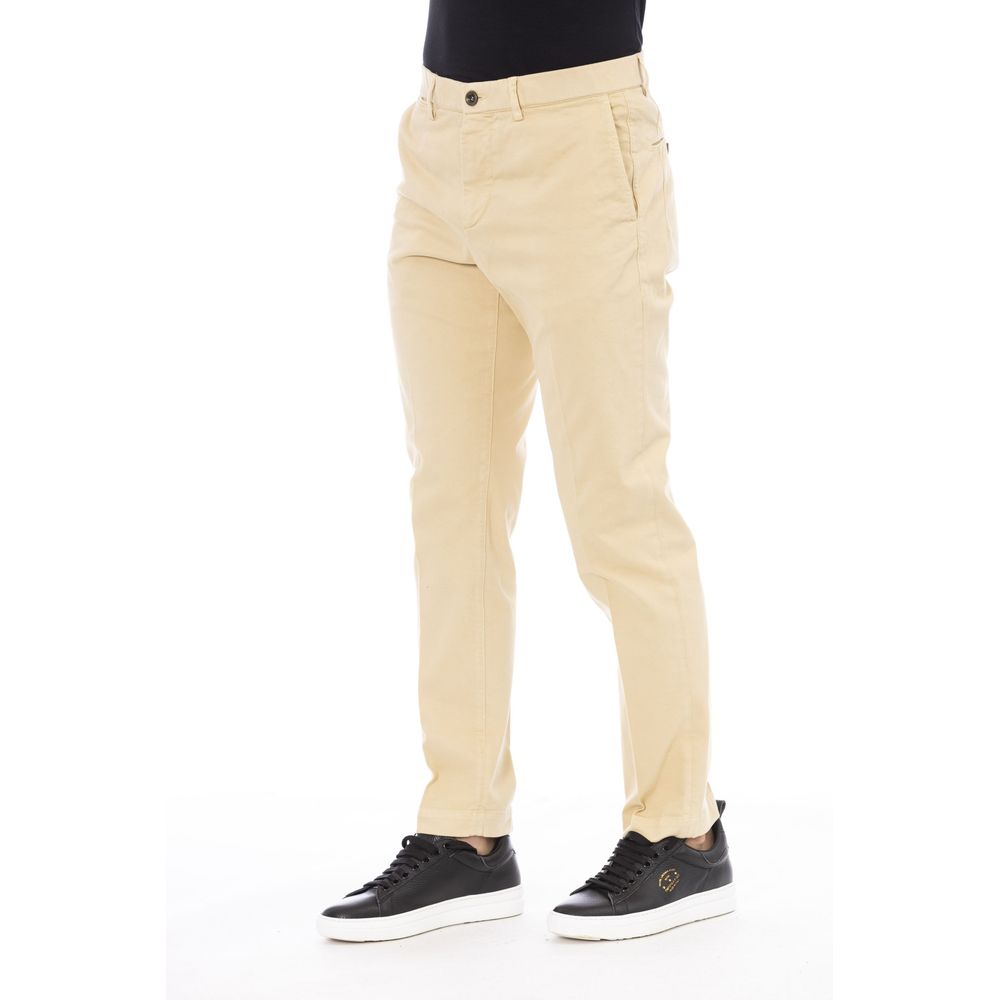 Beige cotton men's pants by Peserico, featuring a tailored fit and classic design, shown on a hanger against a neutral background.