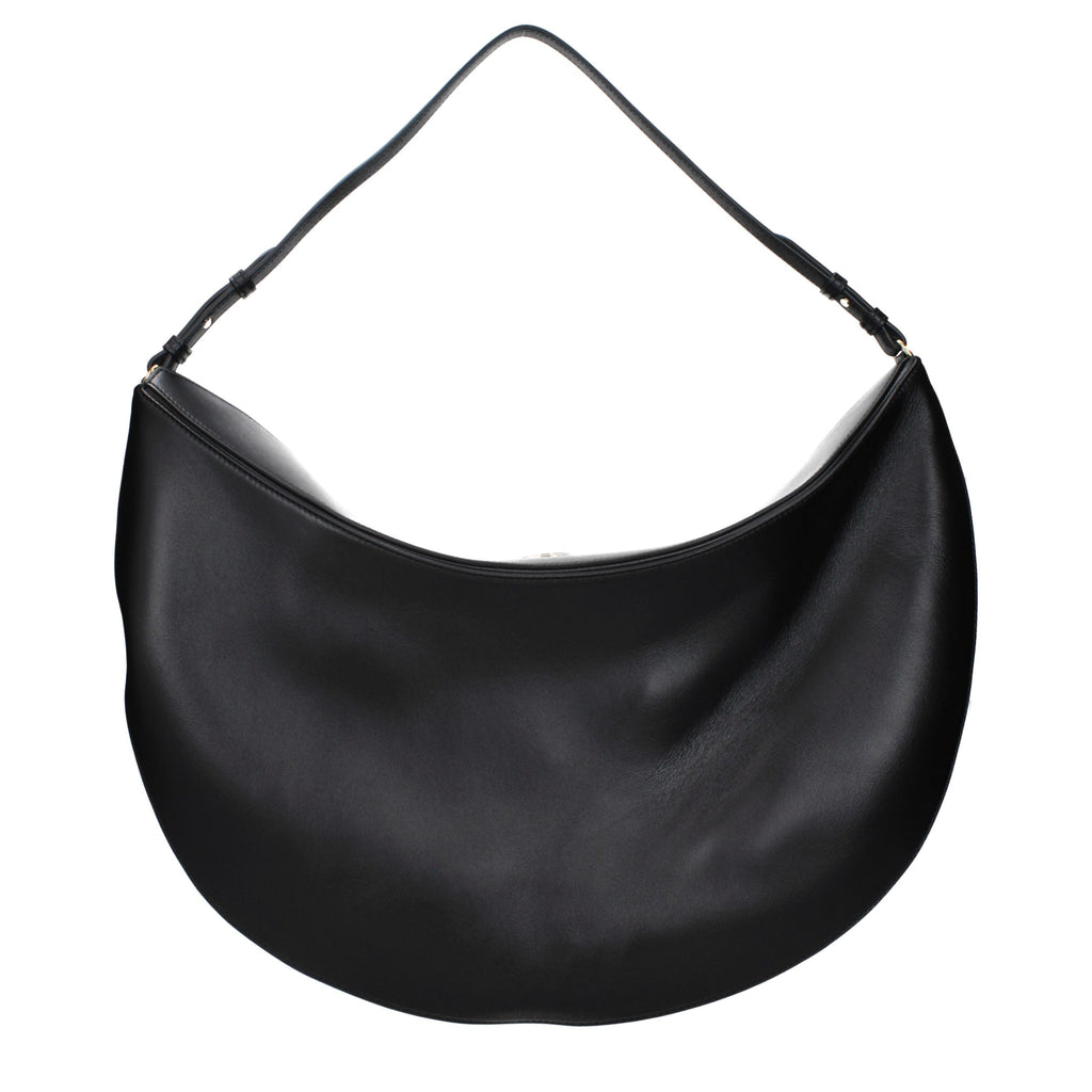 Black leather shoulder bag by Jacquemus, featuring a sleek design with a flap closure and minimalistic style.