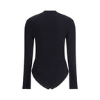 Black Wolford polyamide bodysuit with long sleeves and a seamless fit, displayed on a neutral background.
