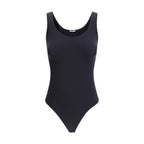 Wolford black polyamide bodysuit displayed on a mannequin, showcasing its sleek, fitted design and smooth texture.
