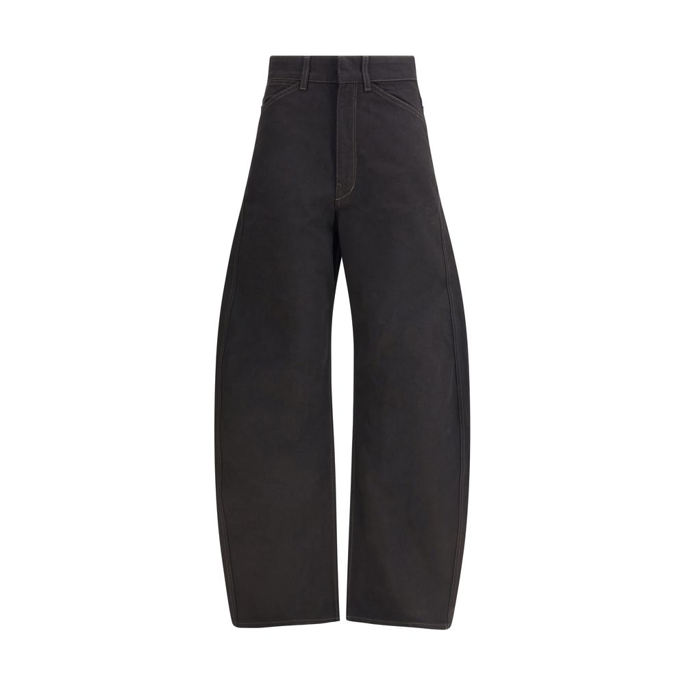 Black cotton casual pants by Lemaire, shown hanging with a relaxed fit and minimalist design.