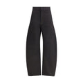 Black cotton casual pants by Lemaire, shown hanging with a relaxed fit and minimalist design.
